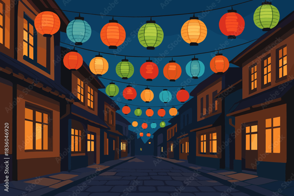 custom made wallpaper toronto digitalColorful lanterns illuminate a quiet street in a traditional town during evening time