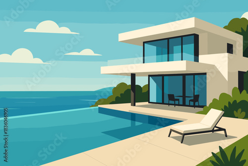 Modern coastal villa with pool overlooking serene ocean landscape in sunny weather