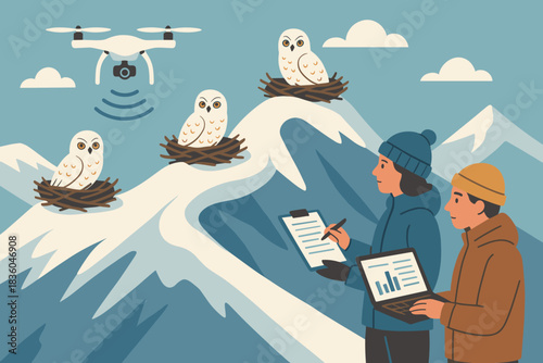Researchers study owl nests on snowy mountains while using a drone for survey in winter