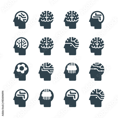 Collection of stylized human head profiles with brain and circuit board elements