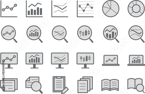 データ分析・調査のシンプルなグレーのアイコンセット