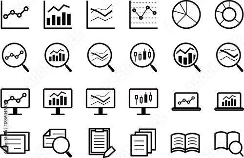 データ分析・調査のシンプルな黒の線画アイコンセット