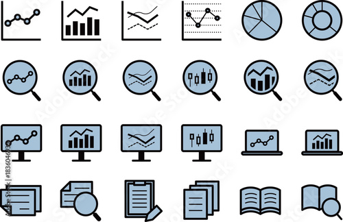 データ分析・調査のシンプルな黒い線画の青のアイコンセット