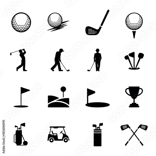 Collection of golf icons and symbols representing the sport of golf