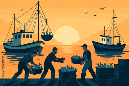 Fishermen unloading catch during sunset by the docks with boats in the background