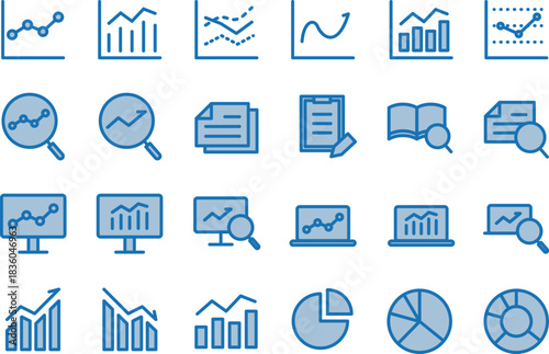 データ分析・調査のシンプルな青の線画アイコンセット