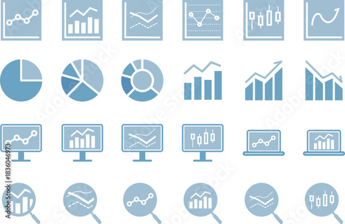 データ分析・調査のシンプルな青のシルエットのアイコンセット