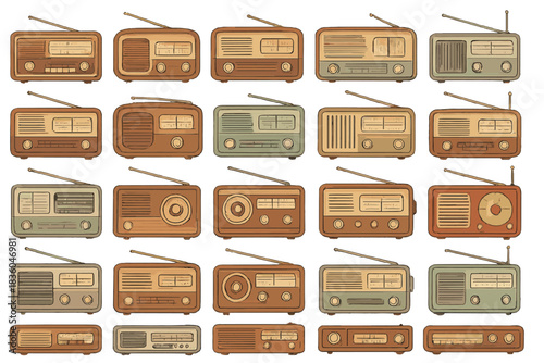 Collection of vintage radios displayed in various colors and designs showcasing classic audio technology from different eras