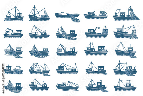 Various fishing boats in different styles and designs on white background