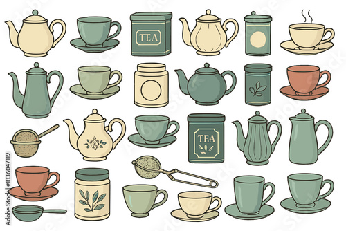 Collection of vintage tea sets and accessories arranged artistically in a cozy setting