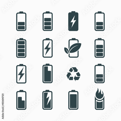 Collection of battery icons representing power levels and energy concepts