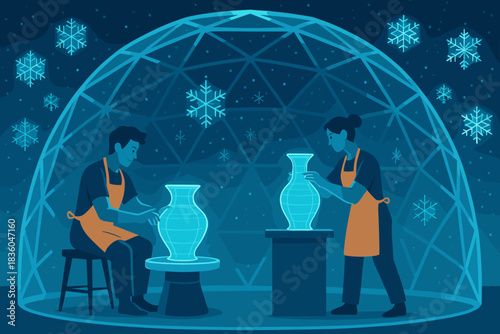 Crafting ceramic art in a snowy igloo during a creative winter workshop