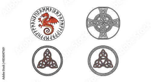 Set of four circular celtic and viking symbols including a dragon with runes a celtic cross and triquetra knots in a detailed illustration.