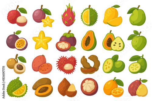 Assortment of tropical fruits featuring vibrant colors and unique shapes including lychee, dragon fruit, and star fruit