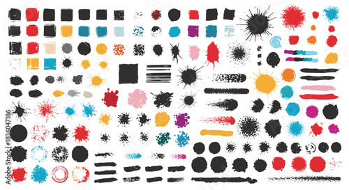 Large and colorful collection of grunge design elements including paint splatters ink blots brush strokes and various abstract shapes.
