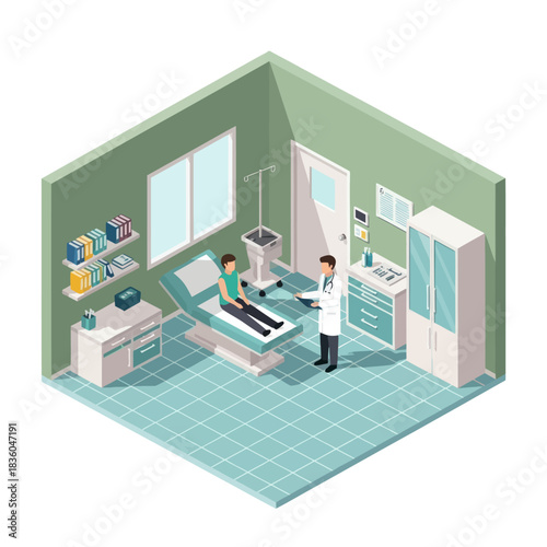 Isometric illustration of a doctor examining a patient in a hospital room.
