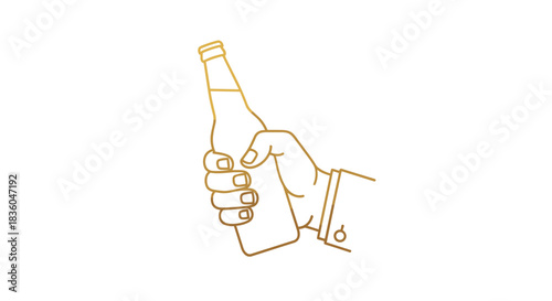 Elegant golden line art illustration of a hand in a suit cuff holding a beer bottle perfect for a luxury bar or brewery logo.
