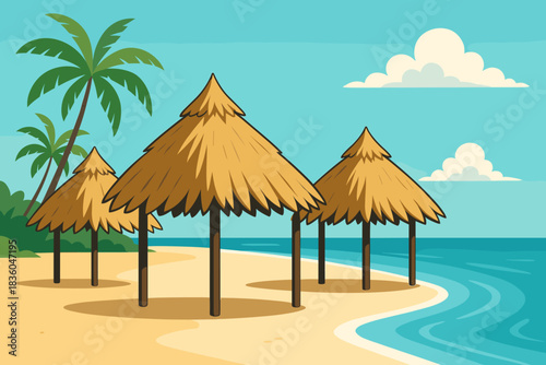 Relaxing beach scene with thatched umbrellas and calm ocean waves under a clear sky
