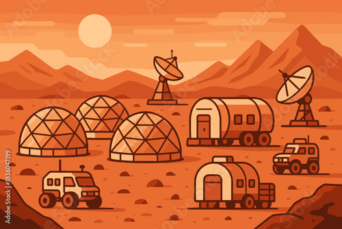 Martian colony with domes and communication satellites under a setting sun on red soil