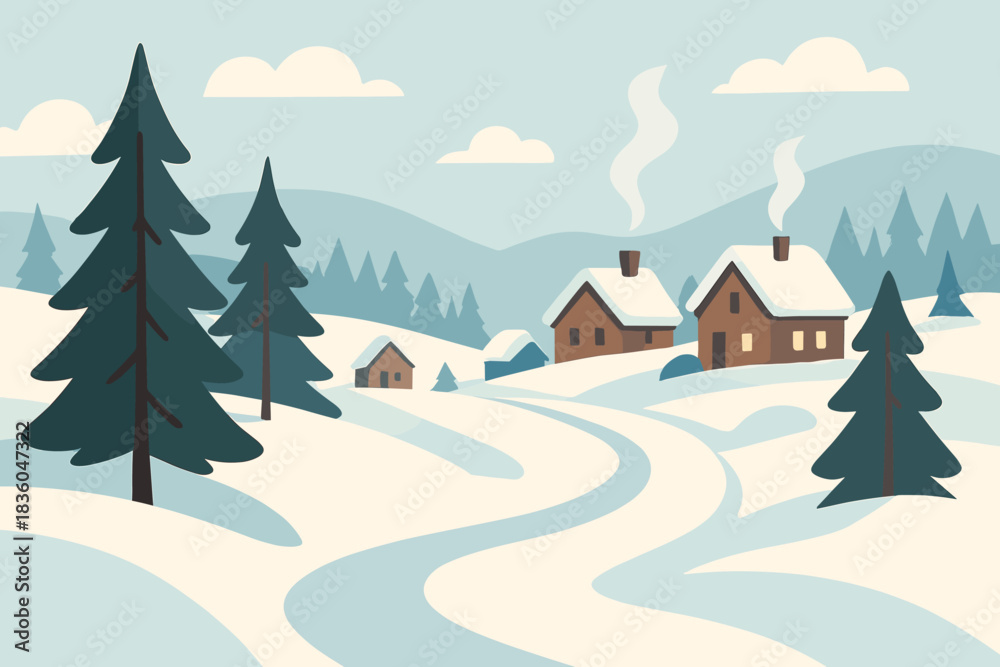 Obraz premium Snowy winter landscape with cozy cabins and tall evergreen trees in a serene countryside setting