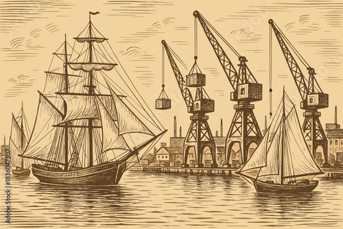 Historic port scene with sailing ships and cranes at a bustling harbor