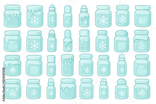 Various jars and containers with icy designs showcasing snowflakes in a cool color palette for creative projects
