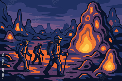 Adventurers trek through a glowing landscape at dusk exploring rocky terrain with mysterious lights