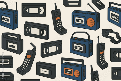 Vintage technology pattern featuring radios, cassette players, and vintage phones in various colors and designs
