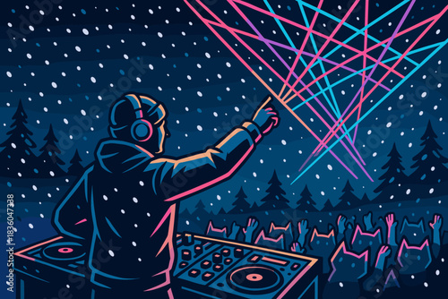 DJ performs at an outdoor music festival under a starry night sky with colorful laser lights and cheering crowd