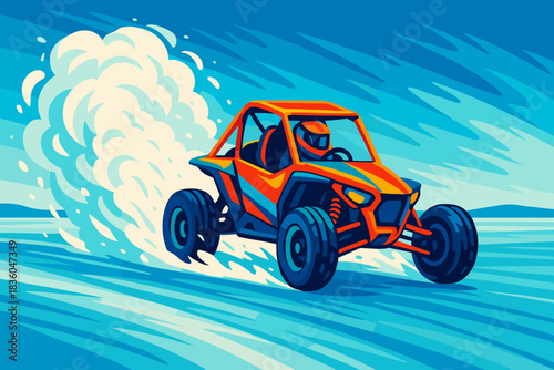 Bright orange dune buggy speeding through sandy landscape on a clear sunny day