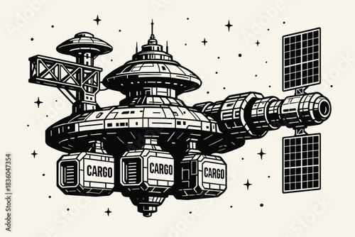 Space cargo ship design featuring circular structure and satellite connections in a minimalist style