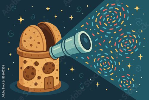 Creative cartoon of a telescope observatory projecting colorful stars in a night sky