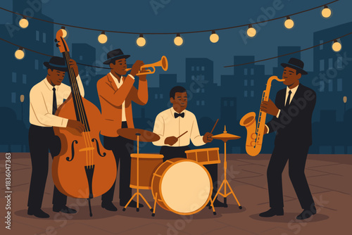 Jazz band performing lively music under string lights in an urban setting during a warm evening