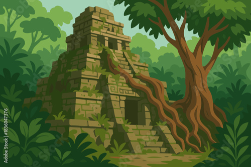 Ancient stone temple hidden in dense jungle surrounded by lush greenery and large tree roots