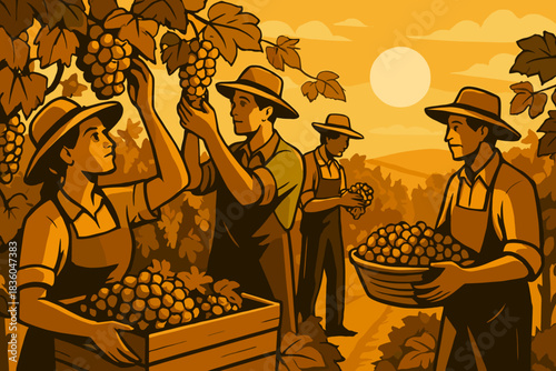 Workers harvesting grapes in a golden vineyard at sunset for a fruitful wine season