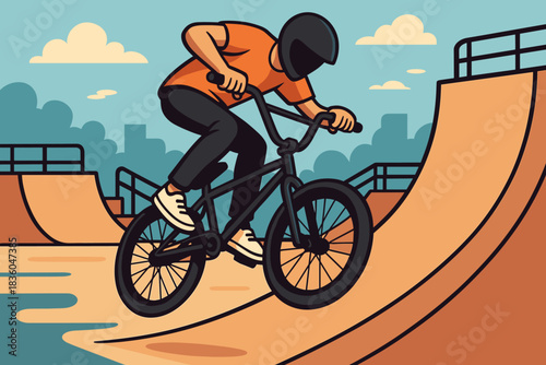 Biker performs tricks at a skate park during a sunny afternoon with urban skyline in the background