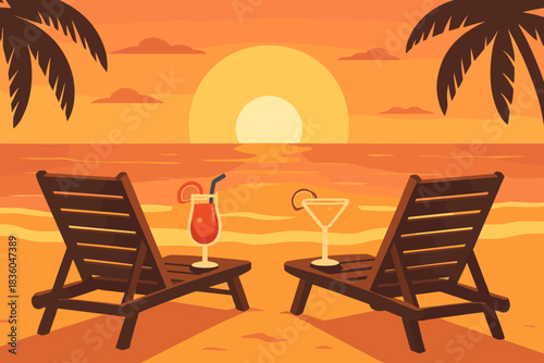 Relaxing beach scene with cocktails at sunset on a tropical shore, creating a serene atmosphere for unwinding