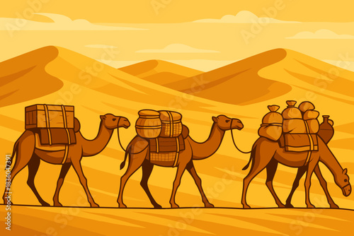 Camels carrying goods through sandy desert landscape during sunny day