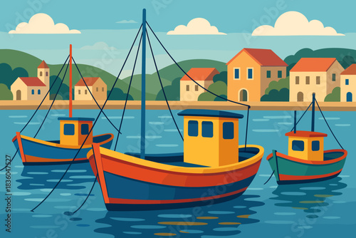 Colorful fishing boats in a calm bay with hillside houses under a clear sky