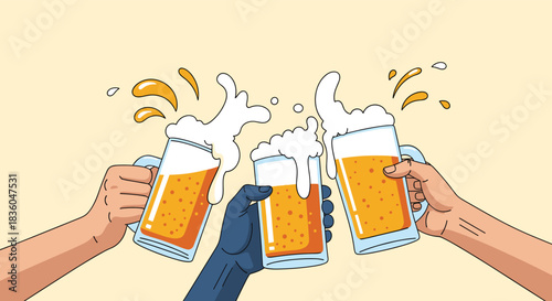 Three diverse hands clinking beer mugs in a celebratory toast with splashing foam creating a fun and friendly party atmosphere.