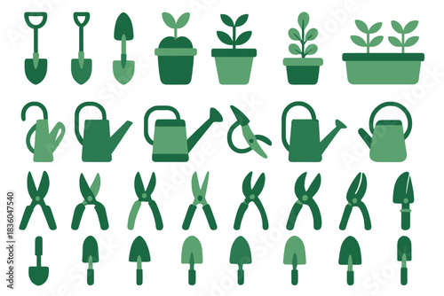 Garden tools and plants represented in minimalist green design for nature lovers and gardening enthusiasts