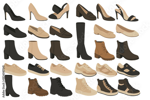 Diverse collection of stylish footwear in various designs and colors for different occasions and preferences