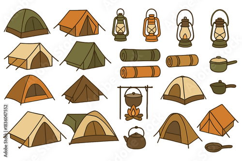 Various camping tents and gear illustrated for outdoor adventures in the wilderness