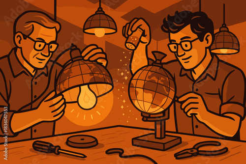 Two men working together to create a decorative globe in a dimly lit workshop