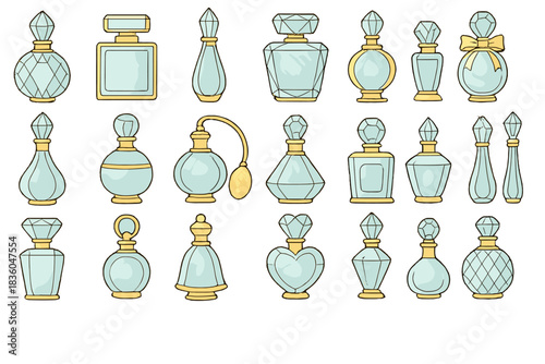 Collection of elegant perfume bottles in various shapes and designs, showcasing beauty and style