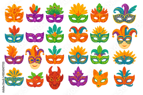 Colorful carnival masks displayed in various designs for festive celebrations