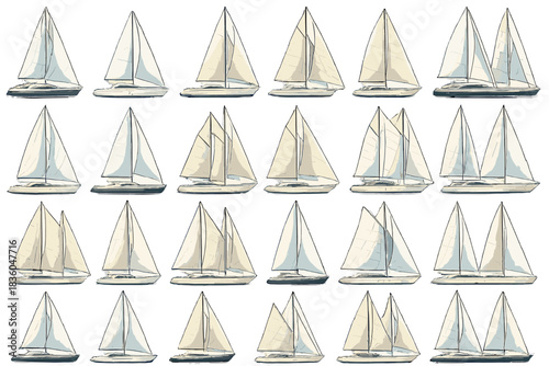 Colorful collection of sailboats on calm water showcasing various sail designs and arrangements in a nautical theme
