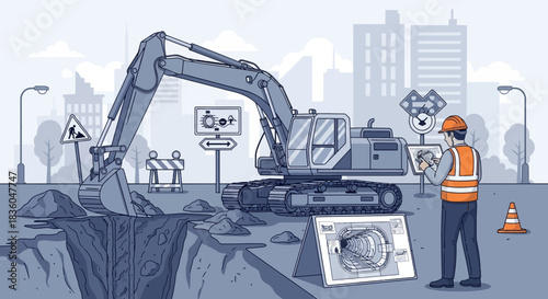 Urban development illustrated, excavation site with engineer near construction equipment