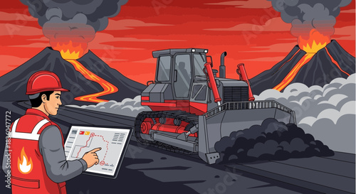 Volcanic Emergency Response Team Vector Illustration Amidst Erupting Volcanoes