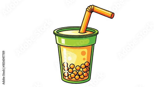 Refreshing bubble tea drink with straw and tapioca pearls.